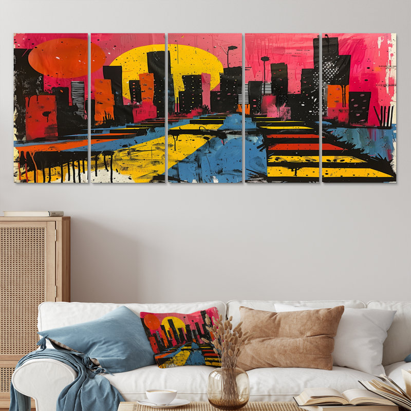 Ensemble de salon art mural orange et rose Pop Art II - gratte-ciel, H 32 po x l 80 po