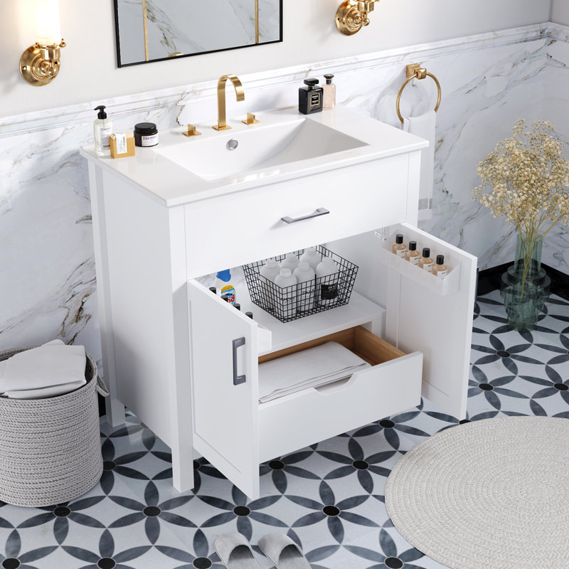 Meuble-lavabo de 30 pouces avec lavabo en céramique - espace pour les petites salles de bain. Vaste tablettes et tiroirs de rangement. Bois massif. Étagères élégantes à finition blanche et salles de bain compactes pour maximiser l'espace. Classique