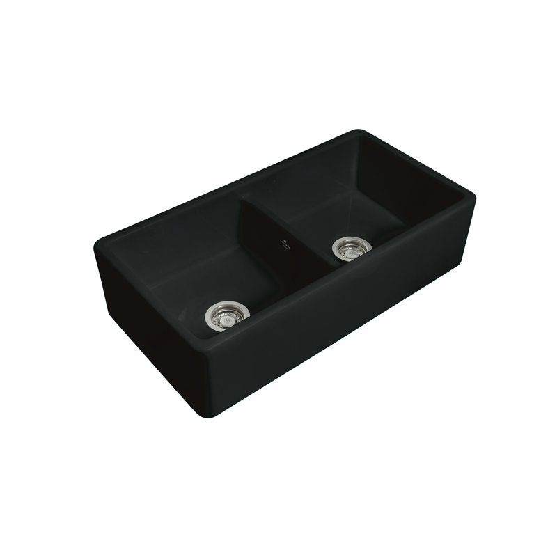 Ribbleton - 35.3 L X 18.3 W Fireclay Double Bowl Apron / Farmhouse Kitchen Sink, Black Gloss