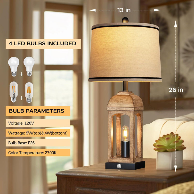 Lampe de table pour le salon, ensemble de 2 lampes de ferme avec USB A + C et veilleuse, lampes de chevet rustiques de 26 po avec commande tactile à intensité variable à 3 voies, lampe de table de chevet pour le décor de la chambre à coucher, grain de bois