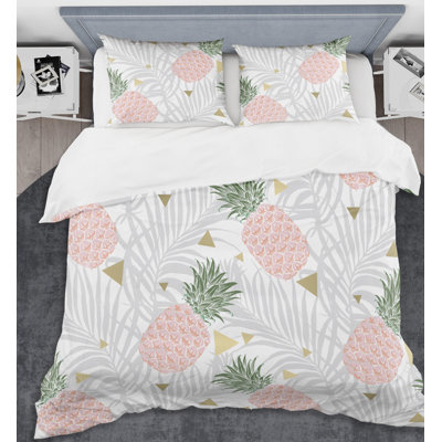 Ensemble de housse de couette pineappple sur les feuilles tropicales de style mid-century