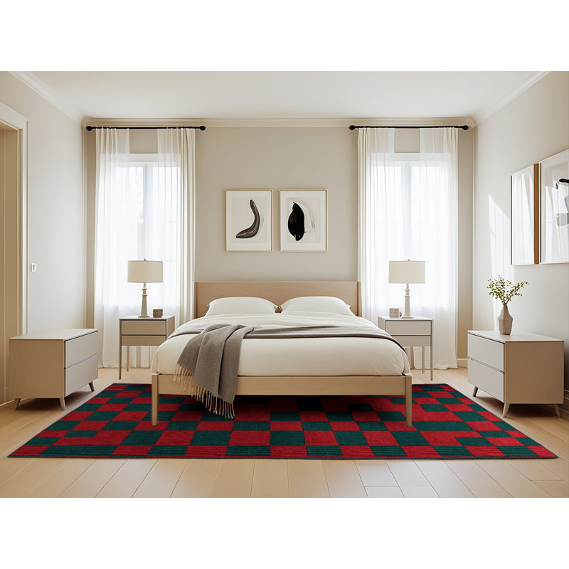 Machine Washable Checkered Green Area Rug, Rectangle 5' x 8'
