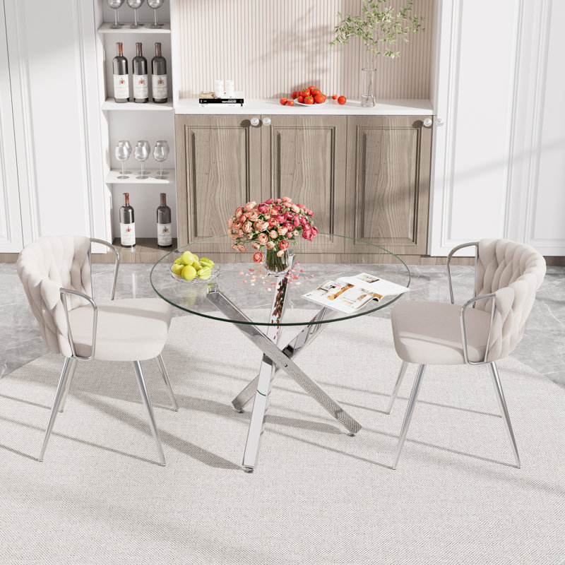 Ensemble repas rond, Beige, 3 pièces: table, 2 chaises, Argent argent