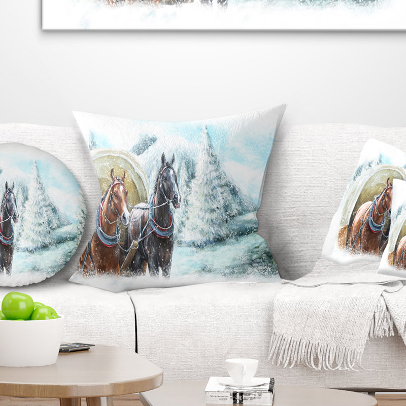 Scène peinte paysage avec chevaux en hiver, 16 po x 1 po, Coussin décoratif