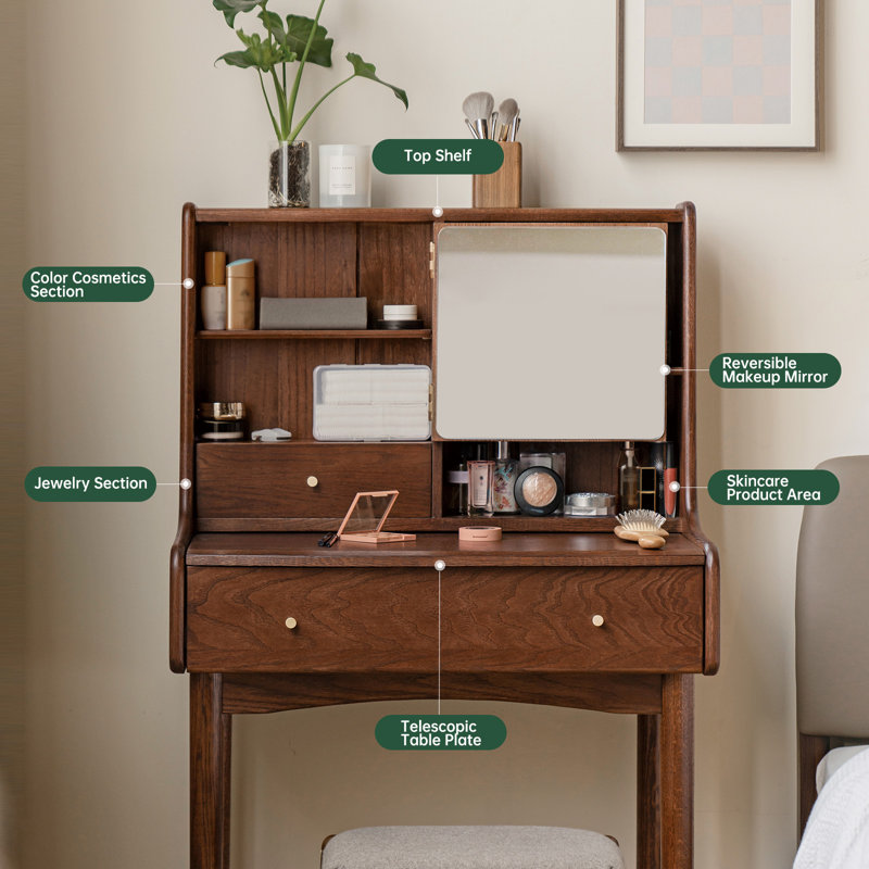 33.5"W Small  Solid Wood Vanity Desk with Reversable Mirror & 2 Storage Drawers, No, 33"W