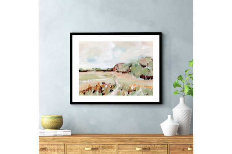 sideboard with white vases on top and a colorful painting of a farm above it