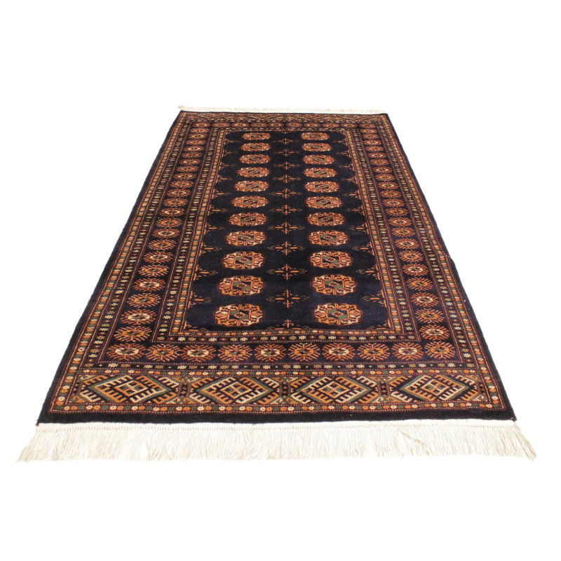 Tapis bleu foncé / bleu en laine noué à la main à motif géométrique Abram 4 pi 3 po x 5 pi 3 po Abram