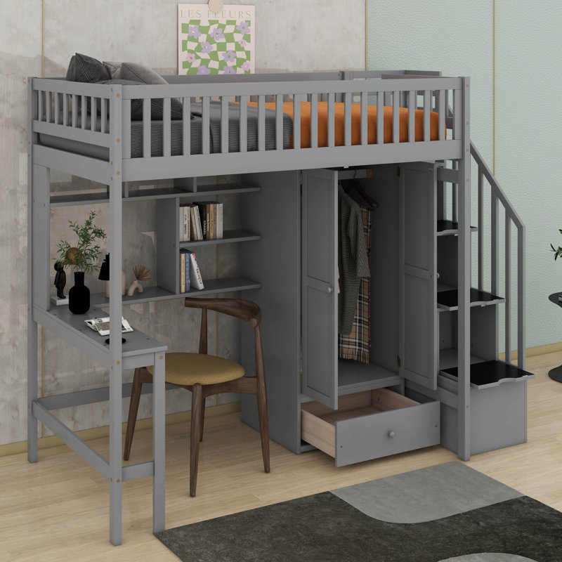 Lit mezzanine simple avec bibliothèque, bureau, tiroirs et garde-robe