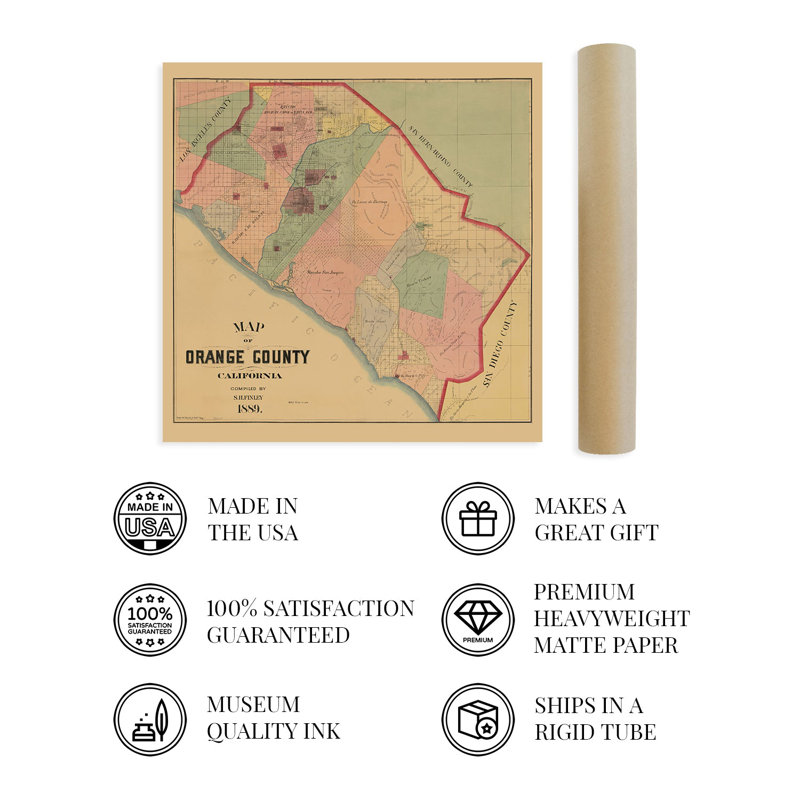 1889, carte du comté d'Orange, Californie, l 24 po x H 24 po