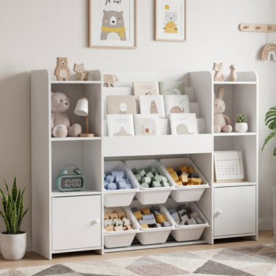 Rangement pour jouets pour enfants avec 6 bacs amovibles, bibliothèque, casiers ouverts et armoires de rangement