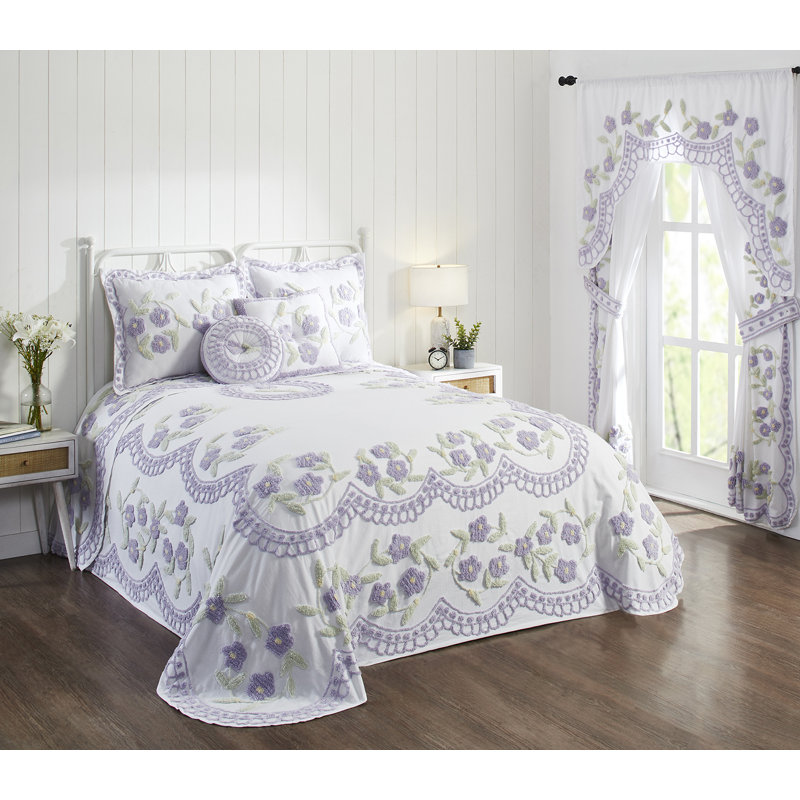Lavender Floral Cotton Chenille King Bedspread Set