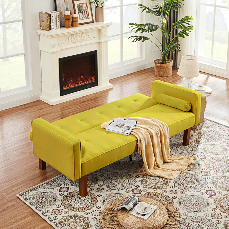 Perpetua Square Arm Sofa Bed, Yellow Velvet