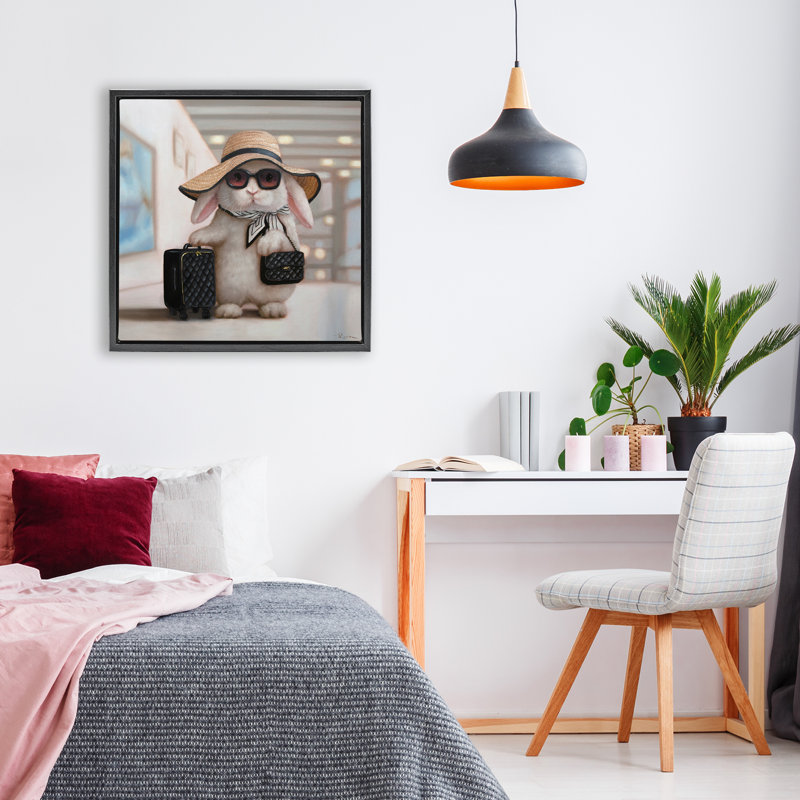 Cadre flottant Bun Voyage Travelling Rabbit, design par Lucia Heffernan, H 18 po x l 18 po, Cadre flottant noir de jais