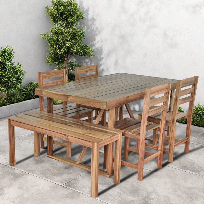 Ensemble de table de salle à manger d'extérieur 6 pièces inclus: 1 table, 1 banc et 4 chaises simples, Bois naturel