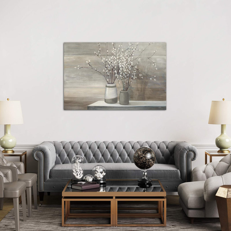 Pussy Willow Still Life Gray Pots by Julia Purinton - Wrapped Canvas Painting, 66.04 cm H x 45.72 cm W x 1.91 cm D