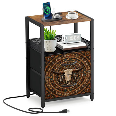 2 Fabric Drawers Night Stand with Charging Station Boho Western Cowboy Southwestern Country Mandala Patterns Bedroom Bedside Table End Table with Open Shelf USB Ports and Outlets