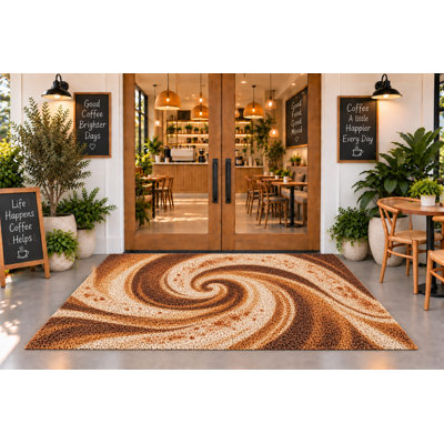 Tapis d'extérieur 152 x 213 cm, motif marbré crème café, imperméable, en PVC bouclé, séchage rapide et résistant, idéal pour véranda, terrasse, balcon ou café.