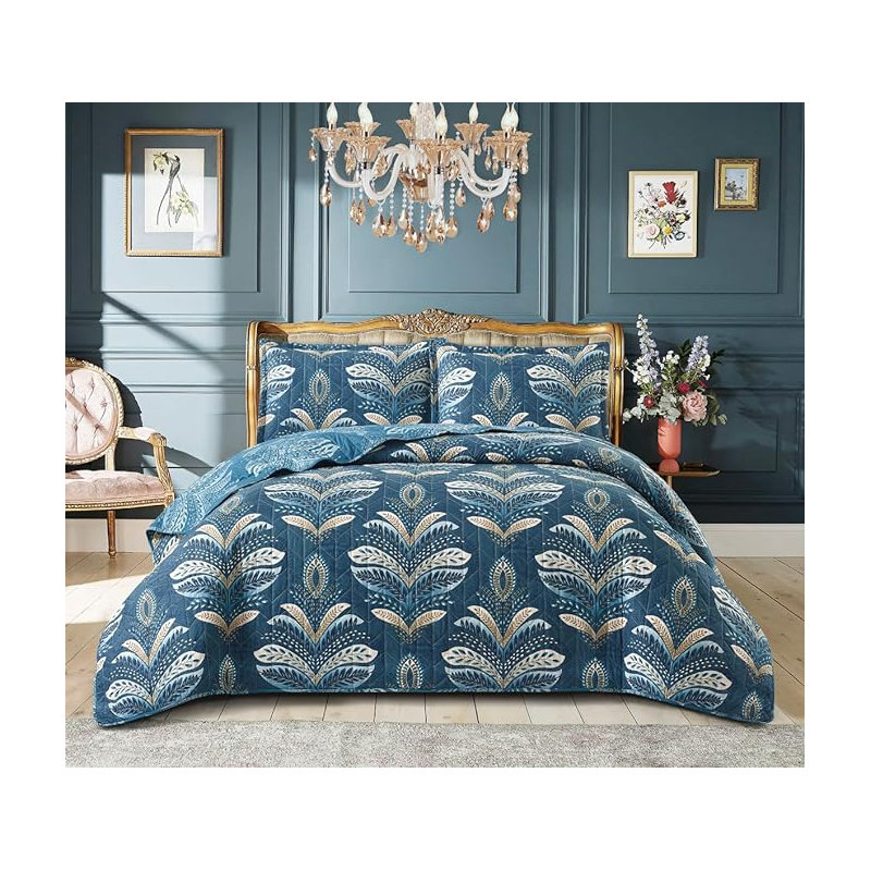 Andrena Microfiber Bedspread with Pillow Shams, Teal, Floral, Super King Bedspread + 2 Standard Pillow Shams