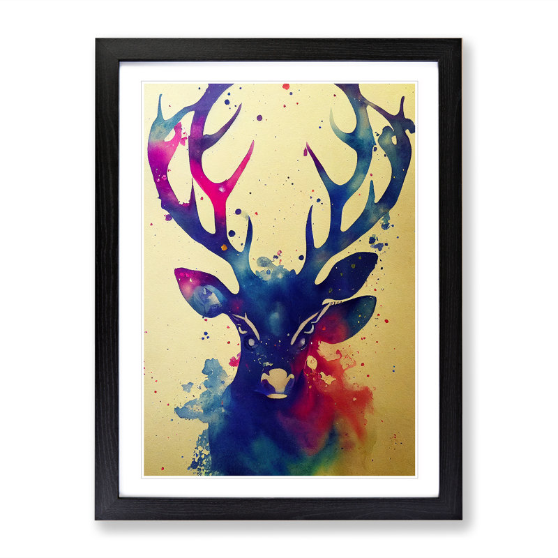 Splashed Stag No.3 - Single Picture Frame Print, 64cm H x 46cm W x 2cm D, Black Framed