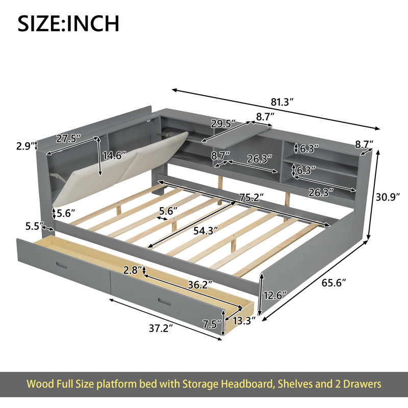 Lit plateforme en bois avec tête de lit, tablettes et 2 tiroirs, Gris, Lit double