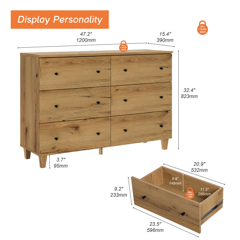 6 Drawer 47.2" W Double Dresser, Brown