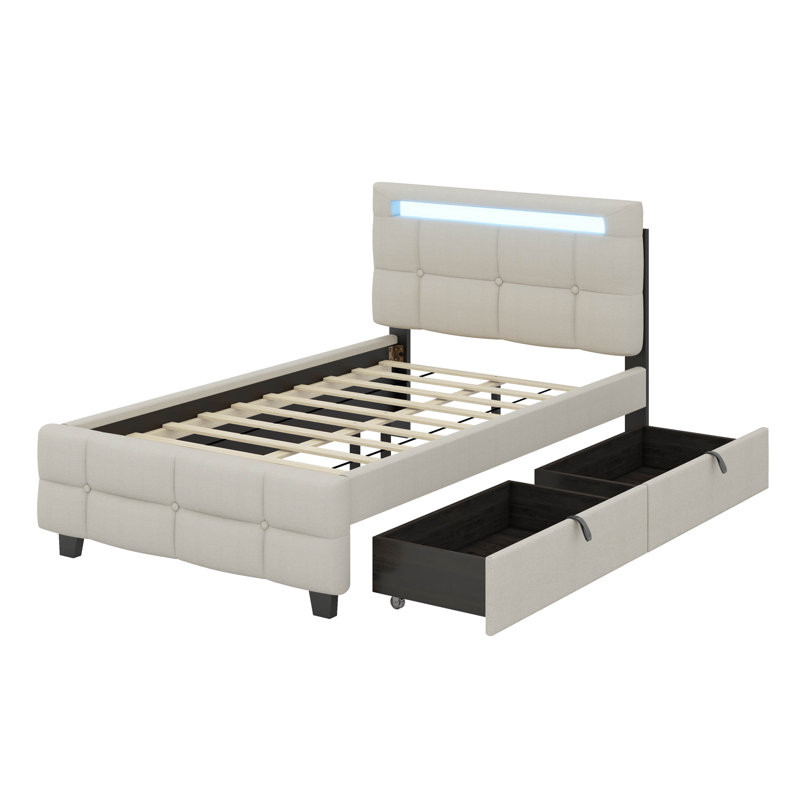 Lit simple tapissier avec cadre à DEL et 2 tiroirs, Beige