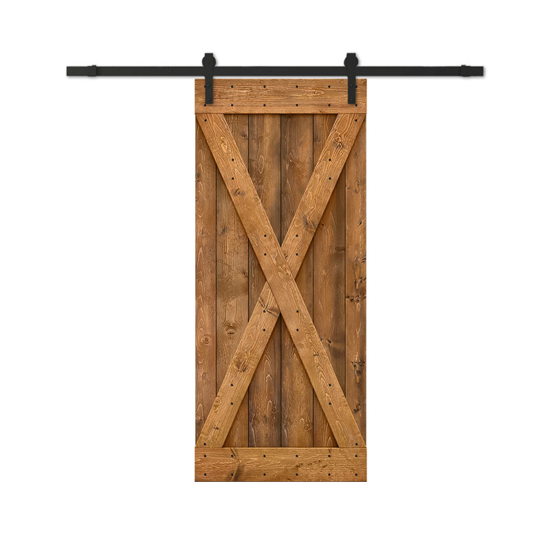 84'' Walnut Knotty Pine Solid Wood Rustic Barn Door with Matte Black Hardware