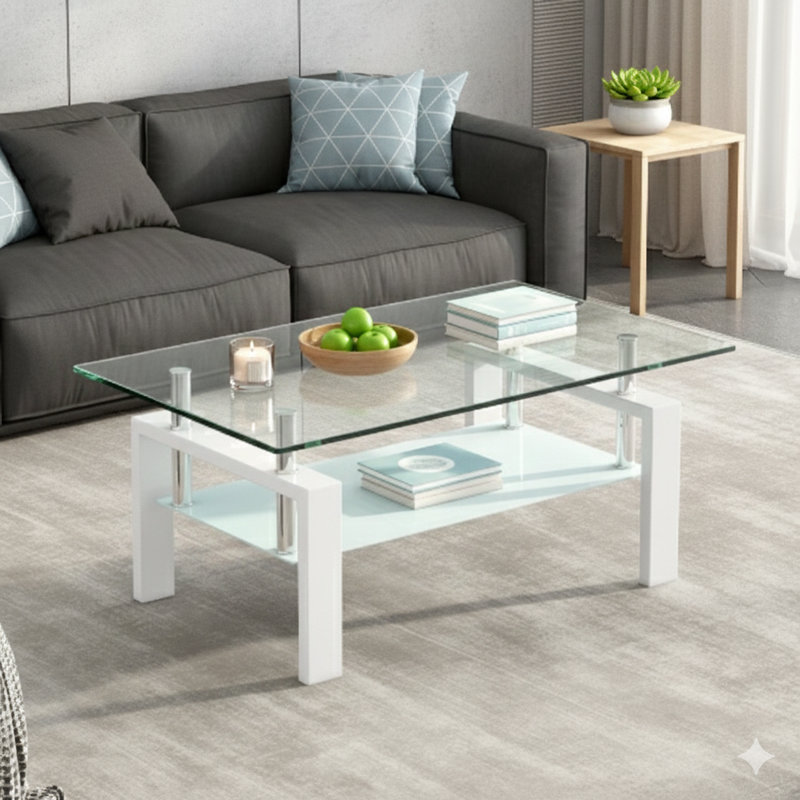 Table basse à deux niveaux en verre trempé transparent, table centrale de salon
