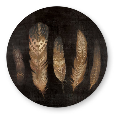 Brown Featers | Black Spiritual Round Outdoor Area Rug