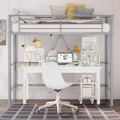 Loft Bed Twin Size With Built-In Ladder Full-Length Guardrails, Metal Slats Support Small Space Saving For Bedroom, Dorm, Teens, Or Small Apartments, Gray