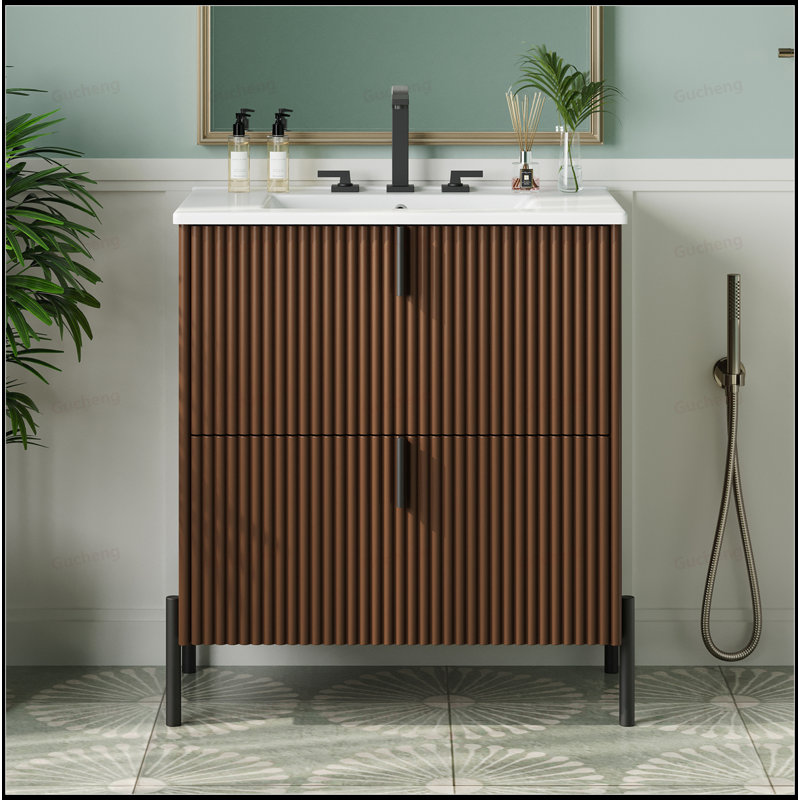 Meuble-lavabo autoportant 30 po avec poignées verticales et lavabo en céramique