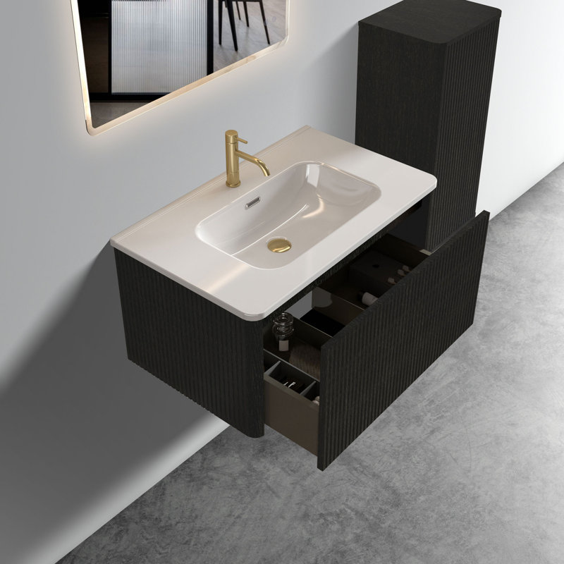 Meuble-lavabo flottant rayé en chêne noir brossé de 30 po avec lavabo en céramique blanche Etna30w-308 Etna, Noir