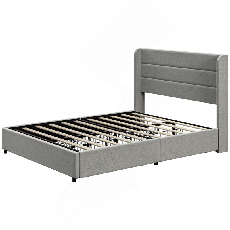Bed Frame With Headboard, Upholstered Platform Bed Frame With Storage Drawers, Wood Slats, Noise-Free, And Easy Assembly, No Box Spring Needed, Light Gray