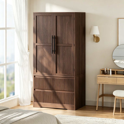 Armoire-penderie autoportante avec 2 tiroirs cannelés, tablettes et tringle, grande armoire de rangement en bois