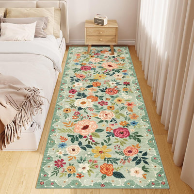 Kitchen Runner Rug - Green - Washable Non-Slip Low-Pile Boho Floral Runner