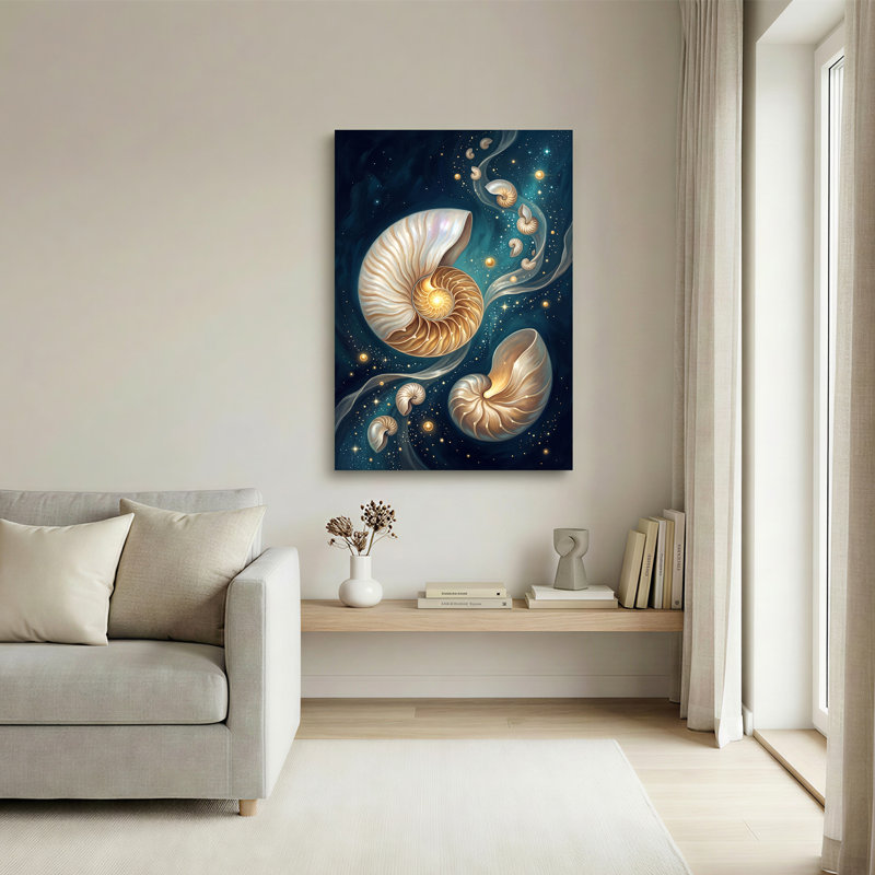 «Golden Nautilus shells in Deep Blue Galaxy», art mural sur toile, H 48 po x l 32 po