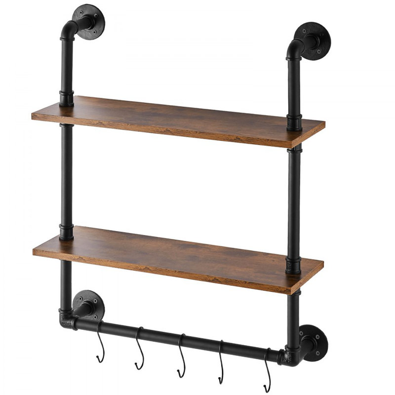 Black and Brown Industrial Steel and Wood Wall-Mount Accent Shelf