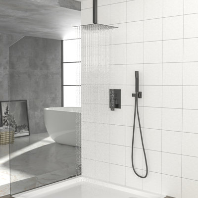 Ceiling Mount 10 Inch Square Dual Shower Head With Matte Black Finish, - Scald Protection, Rainfall Shower, And Easy To Clean Nozzle Balanced Valve, Spray Pattern, 360 Adjustability