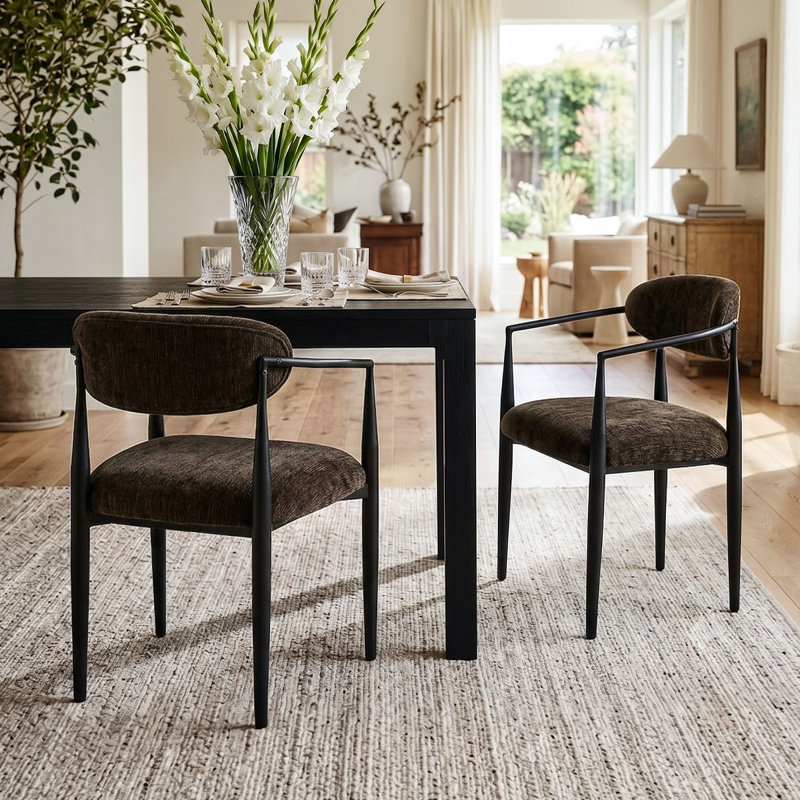 Chaises de salle à manger modernes en chenille avec accoudoirs et structure en métal, Brun