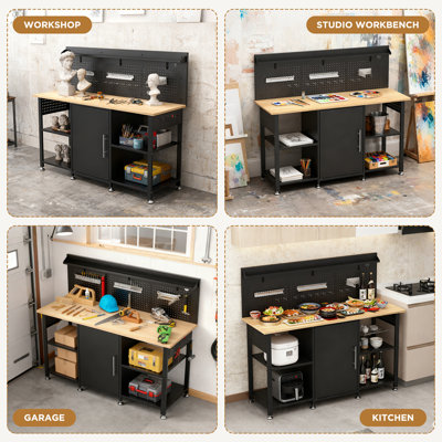 Établi 60 po avec armoire de rangement, plateau en bois, capacité de 2 000 lb, grande table de travail de garage avec panneau perforé, prise de courant de 60 po