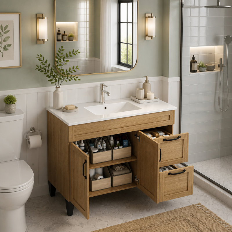 Meuble-lavabo autoportant de 100 cm (39,4 pouces) avec lavabo en céramique, 2 portes et 2 grands tiroirs