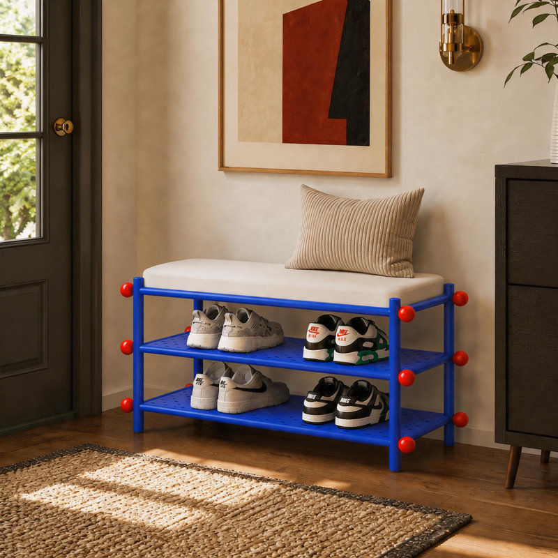Banc à chaussures 31 po en métal bleu à deux niveaux