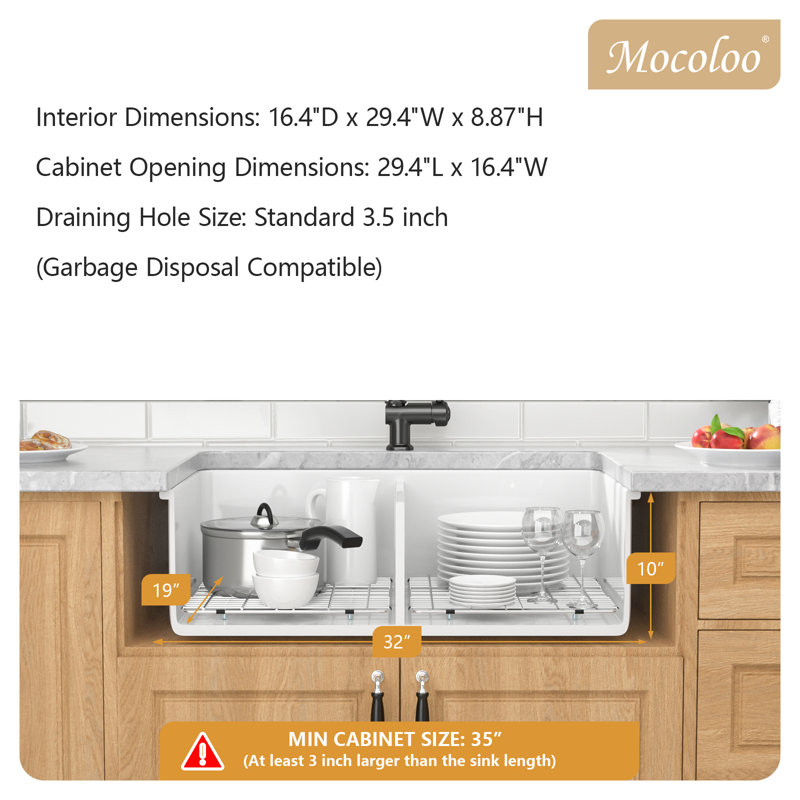 32"L x 19"W Undermount/Drop-In Fireclay Kitchen Sink White Porcelain Double Bowl (50/50) Kitchen Sink with Bottom Grid and Basket Strainer