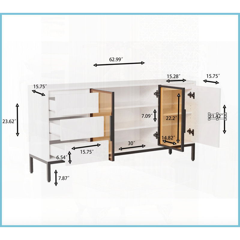 Table basse moderne blanche avec rangement pour le salon / salle à manger, panneau de particules facile à nettoyer, 3 tiroirs et amp; 2 armoires