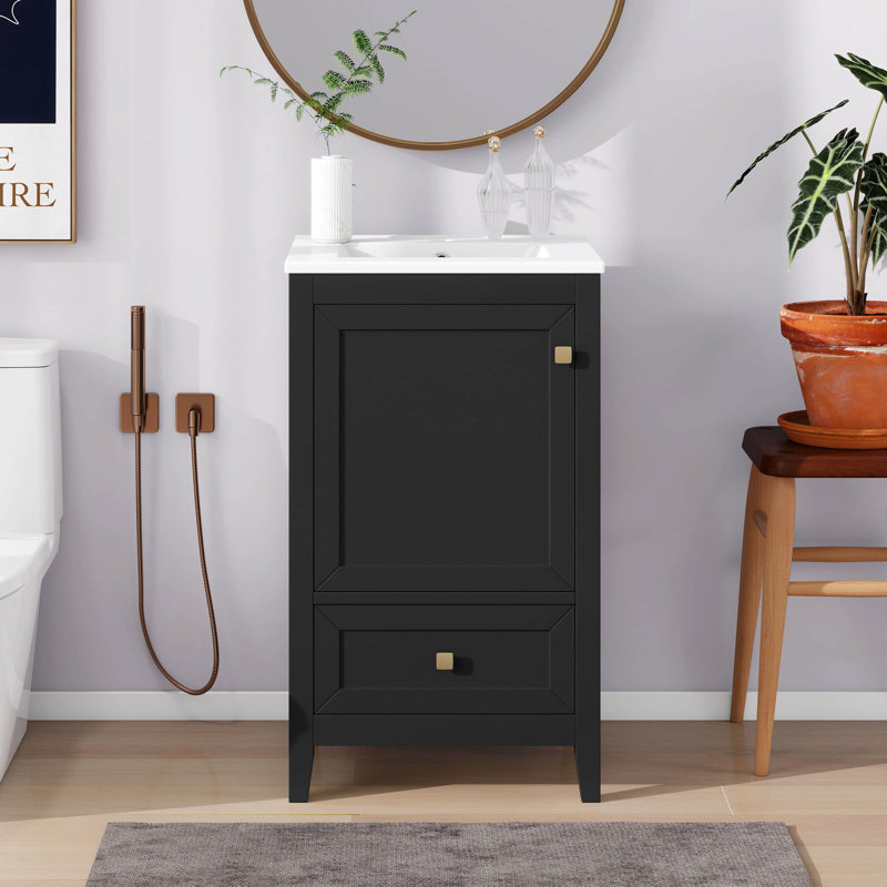 Meuble-lavabo de 20 po avec lavabo, meuble-lavabo en bois massif avec tiroir, support de rangement et porte à fermeture douce