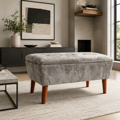 Banc repose-pieds 42 po en tissu moelleux café clair, pieds en bois massif brun pour le salon de la chambre à coucher