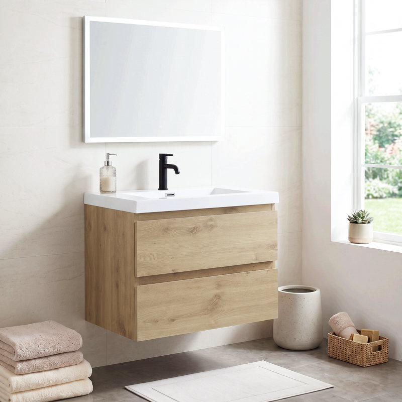 Meuble-lavabo suspendu en mélamine de bois de 75 cm (29,53 po) avec portes à fermeture amortie et lavabo intégré en résine, entièrement assemblé.