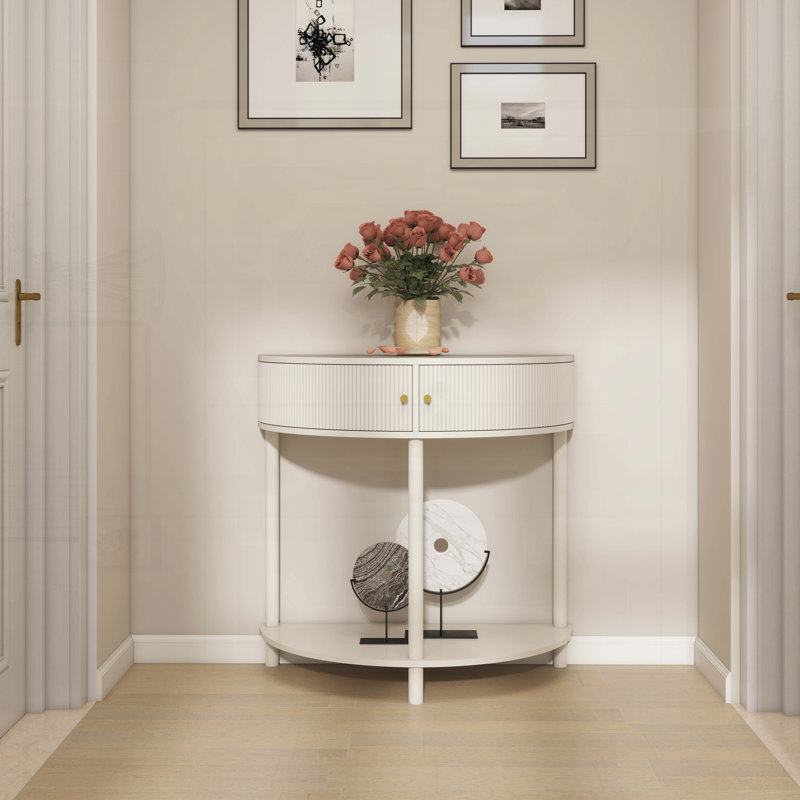 Console demi-lune artisanale avec motif blanc, Blanc