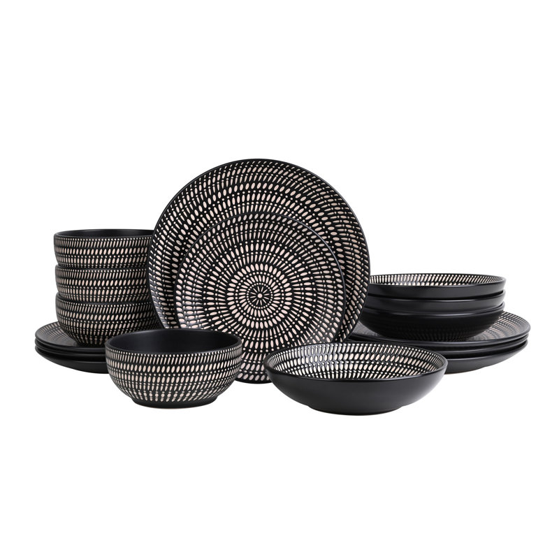 Waterside 16pc Pad Print Stoneware Dinner Set, Black