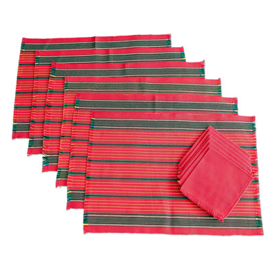 Latitude Run® Handmade Red Christmas Cotton Table Linen Set (Set For 6)